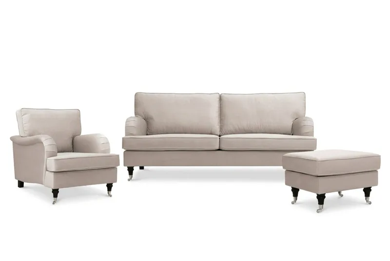 Howard Classic -sohvaryhmä, 3-istuttava sohva, nojatuoli sekä rahi sametissa, Beige