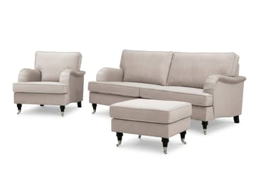 Howard Classic -sohvaryhmä, 3-istuttava sohva, nojatuoli sekä rahi sametissa - Beige - Huonekalut - Sohva - Sohvaryhmä