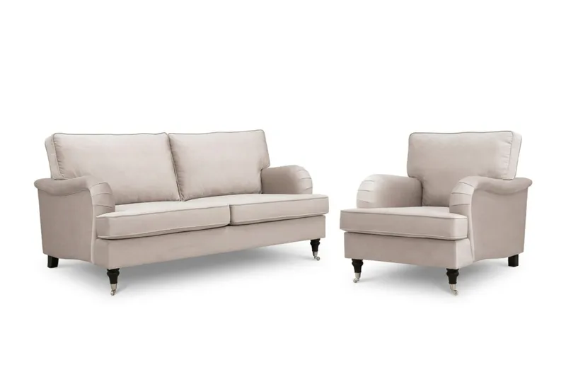 Howard Classic -sohvaryhmä, 3-istuttava sohva ja nojatuoli sametissa - Beige - Huonekalut - Sohva - Sohvaryhmä