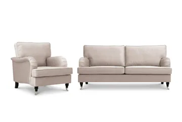 Howard Classic -sohvaryhmä, 3-istuttava sohva ja nojatuoli sametissa - Beige - Huonekalut - Sohva - Sohvaryhmä