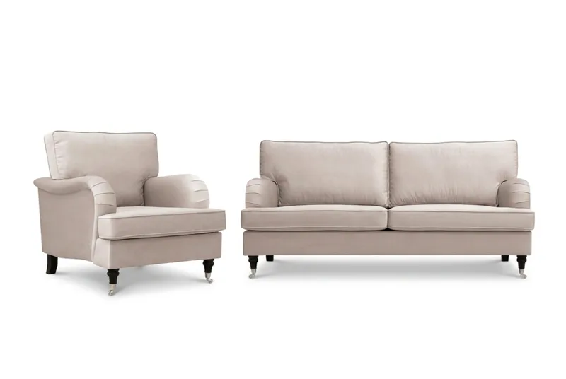 Howard Classic -sohvaryhmä, 3-istuttava sohva ja nojatuoli sametissa, Beige