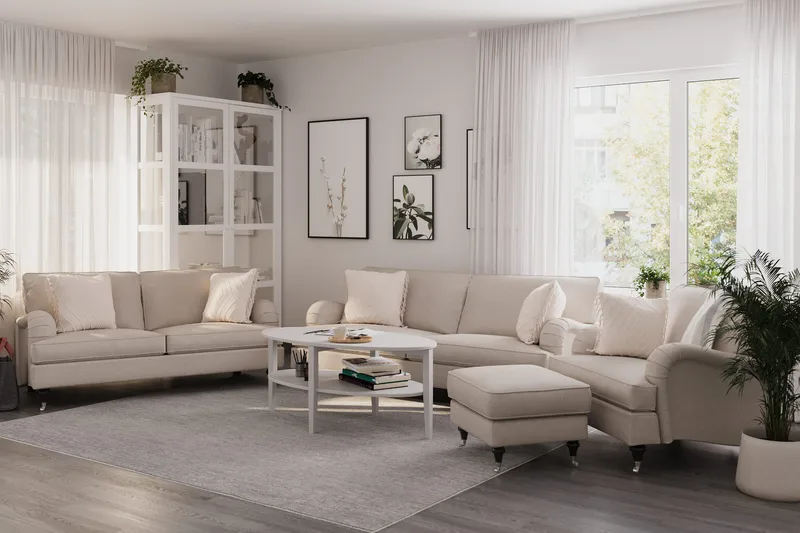 Howard Classic Sohvaryhmä 3-istuttava + 2-istuttava Sohva + Nojatuoli Kankaalla - Beige - Huonekalut - Sohva - Sohvaryhmä - Howard-sohvaryhmä