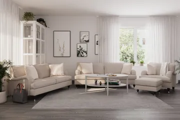 Howard Classic Sohvaryhmä 3-istuttava + 2-istuttava Sohva + Nojatuoli Kankaalla - Beige - Huonekalut - Sohva - Sohvaryhmä