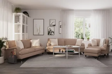 Howard Classic Sohvaryhmä 3-istuttava + 2-istuttava Sohva + Nojatuoli Kankaalla - Tummabeige - Huonekalut - Sohva - Sohvaryhmä