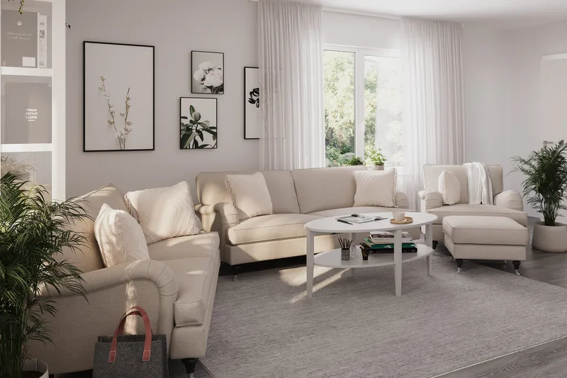 Howard Classic Sohvaryhmä 3-istuttava + 2-istuttava Sohva + Nojatuoli + Rahi Kankaalla - Beige - Huonekalut - Sohva - Sohvaryhmä - Howard-sohvaryhmä