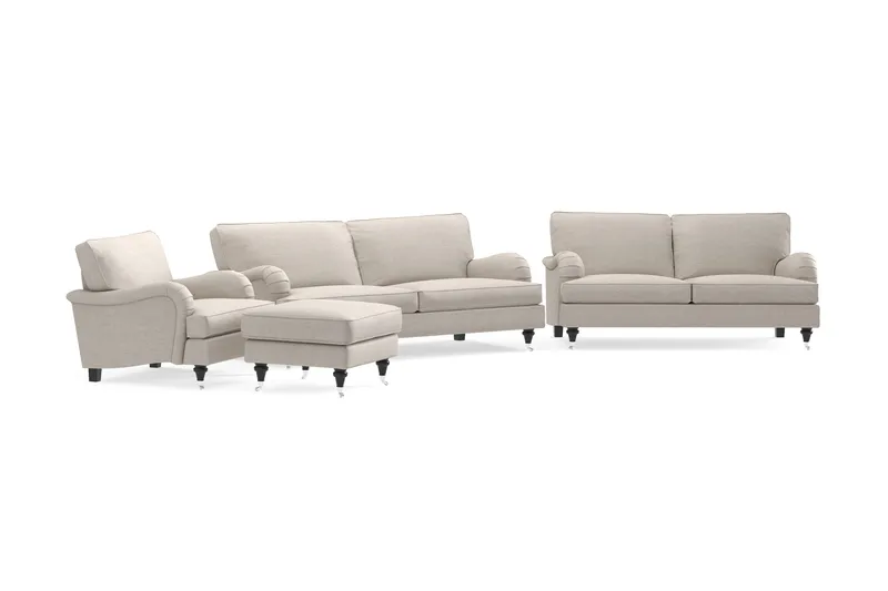Howard Classic Sohvaryhmä 3-istuttava + 2-istuttava Sohva + Nojatuoli + Rahi Kankaalla - Beige - Huonekalut - Sohva - Sohvaryhmä - Howard-sohvaryhmä