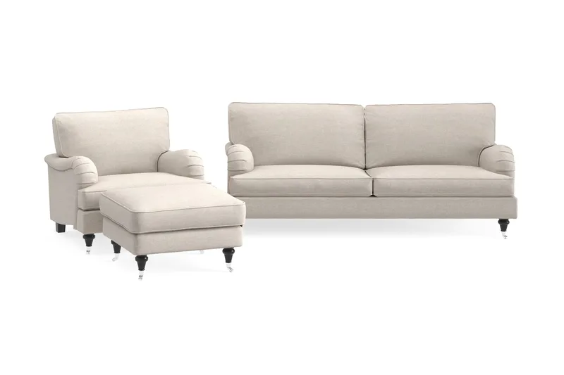 Howard Classic Sohvaryhmä 3-istuttava Sohva + Nojatuoli + Rahi Kankaalla, Beige