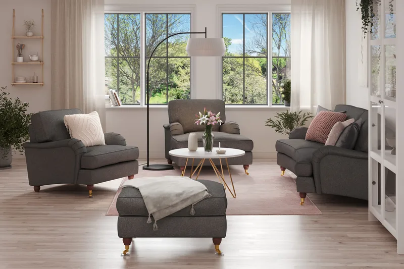 Howard Lyx Sohvaryhmä 3-istuttava Kaareva Sohva + Divaanituoli + Nojatuoli + Rahi Kankaalla - Tummanharmaa - Huonekalut - Sohva - Sohvaryhmä - Howard-sohvaryhmä