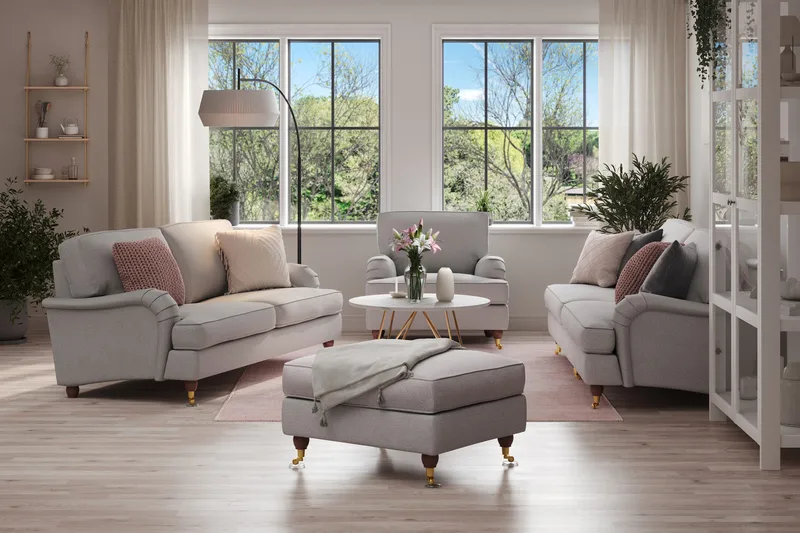 Howard Lyx Sohvaryhmä 4-istuttava + 3-istuttava Sohva + Nojatuoli + Rahi Kankaalla - Vaaleanharmaa - Huonekalut - Sohva - Sohvaryhmä - Howard-sohvaryhmä