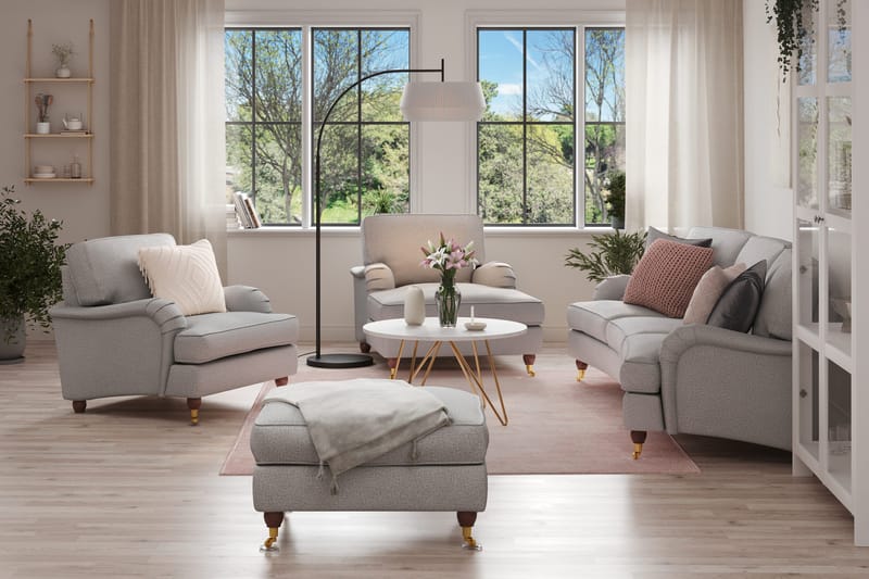 Howard Lyx Sohvaryhmä 4-istuttava Kaareva Sohva + Divaanituoli + Nojatuoli + Rahi Kankaalla - Vaaleanharmaa - Huonekalut - Sohva - Sohvaryhmä - Howard-sohvaryhmä