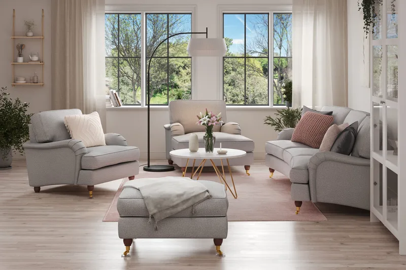 Howard Lyx Sohvaryhmä 4-istuttava Kaareva Sohva + Divaanituoli + Nojatuoli + Rahi Kankaalla - Vaaleanharmaa - Huonekalut - Sohva - Sohvaryhmä - Howard-sohvaryhmä