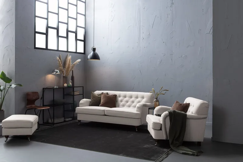 Howard Riviera Sohvaryhmä 3-istuttava + 2-istuttava Sohva + Nojatuoli + Rahi Kankaalla - Vaaleanharmaa - Huonekalut - Sohva - Sohvaryhmä - Howard-sohvaryhmä