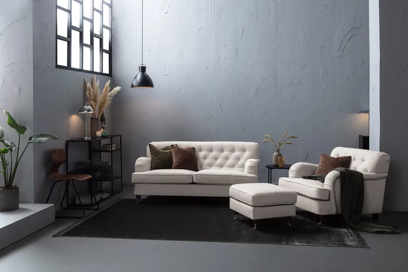 Howard Riviera Sohvaryhmä 3-istuttava + 2-istuttava Sohva + Nojatuoli + Rahi Kankaalla - Vaaleanharmaa - Huonekalut - Sohva - Sohvaryhmä - Howard-sohvaryhmä