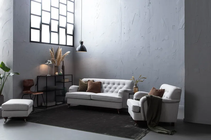 Howard Riviera Sohvaryhmä Kaareva 3-istuttava + 2-istuttava Sohva + Nojatuoli + Rahi Kankaalla - Harmaa - Huonekalut - Sohva - Sohvaryhmä - Howard-sohvaryhmä