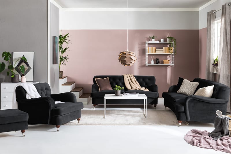 Howard Riviera Sohvaryhmä Kaareva 3-istuttava + 2-istuttava Sohva + Nojatuoli + Rahi Sametilla - Musta - Huonekalut - Sohva - Sohvaryhmä - Howard-sohvaryhmä