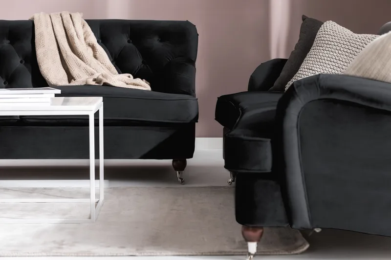 Howard Riviera Sohvaryhmä Kaareva 3-istuttava + 2-istuttava Sohva + Nojatuoli + Rahi Sametilla - Musta - Huonekalut - Sohva - Sohvaryhmä - Howard-sohvaryhmä