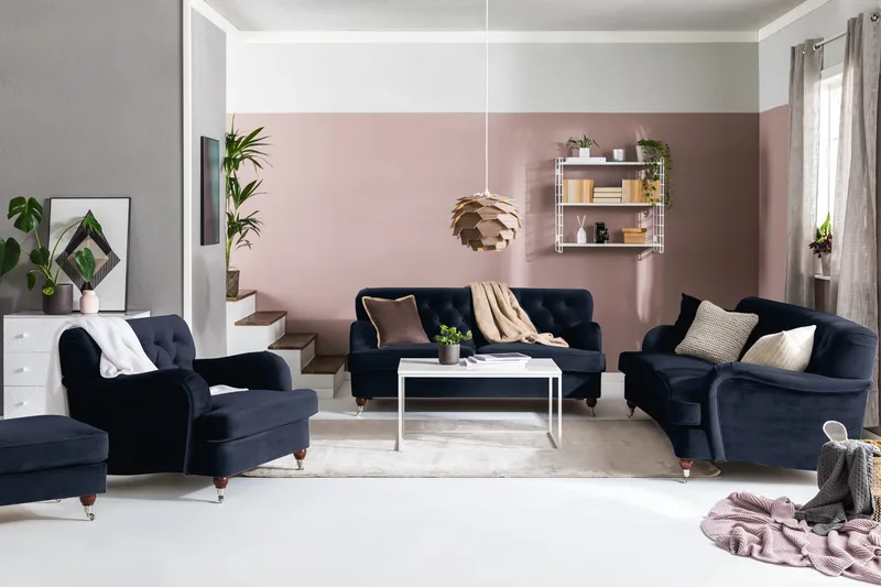 Howard Riviera Sohvaryhmä Kaareva 3-istuttava + 2-istuttava Sohva + Nojatuoli + Rahi Sametilla - Sininen - Huonekalut - Sohva - Sohvaryhmä - Howard-sohvaryhmä