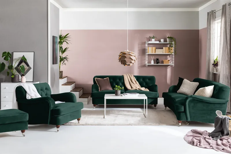 Howard Riviera Sohvaryhmä Kaareva 3-istuttava + 2-istuttava Sohva + Nojatuoli + Rahi Sametilla - Vihreä - Huonekalut - Sohva - Sohvaryhmä - Howard-sohvaryhmä