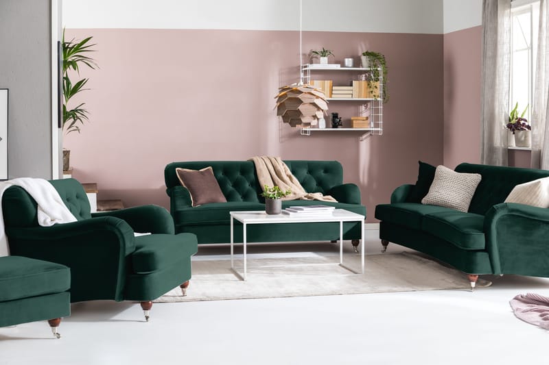 Howard Riviera Sohvaryhmä Kaareva 3-istuttava + 2-istuttava Sohva + Nojatuoli + Rahi Sametilla - Vihreä - Huonekalut - Sohva - Sohvaryhmä - Howard-sohvaryhmä