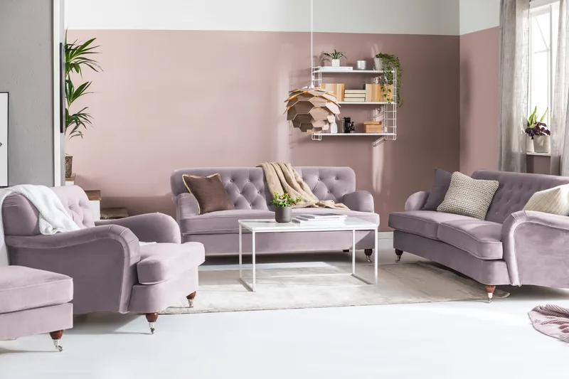 Howard Riviera Sohvaryhmä Kaareva 3-istuttava + 2-istuttava Sohva + Nojatuoli + Rahi Sametilla - Violetti - Huonekalut - Sohva - Sohvaryhmä - Howard-sohvaryhmä