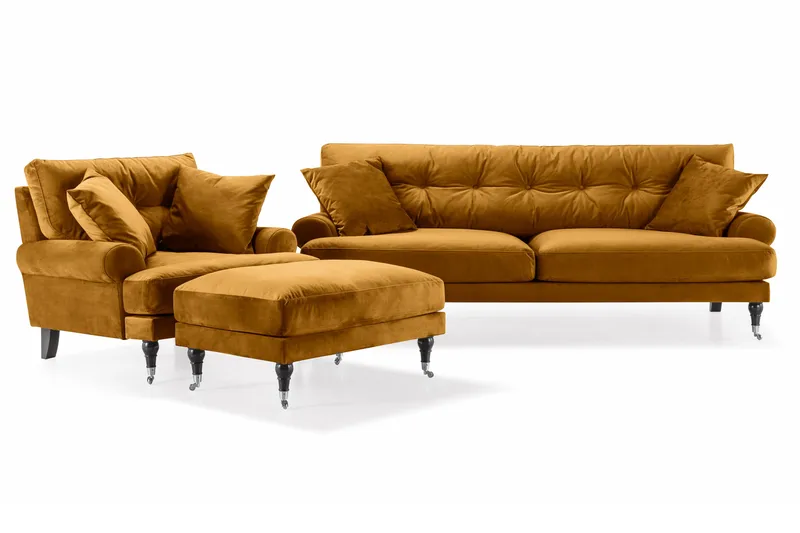 Andrew Sohvaryhmä 3-istuttava Sohva + Nojatuoli + Rahi Sametilla - Tummankeltainen - Huonekalut - Sohva - Sohvaryhmä - Howard-sohvaryhmä