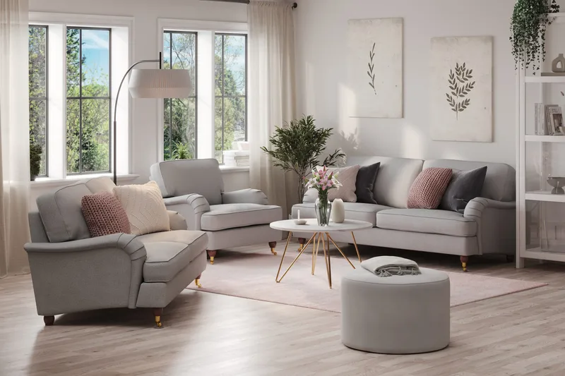 Howard Lyx Sohvaryhmä 3-istuttava + 2-istuttava Sohva + Nojatuoli Kankaalla - Vaaleanharmaa - Huonekalut - Sohva - Sohvaryhmä - Sohvaryhmä 3 2 1