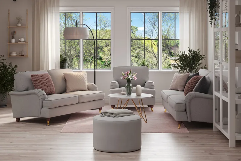 Howard Lyx Sohvaryhmä 3-istuttava + 2-istuttava Sohva + Nojatuoli Kankaalla - Vaaleanharmaa - Huonekalut - Sohva - Sohvaryhmä - Sohvaryhmä 3 2 1