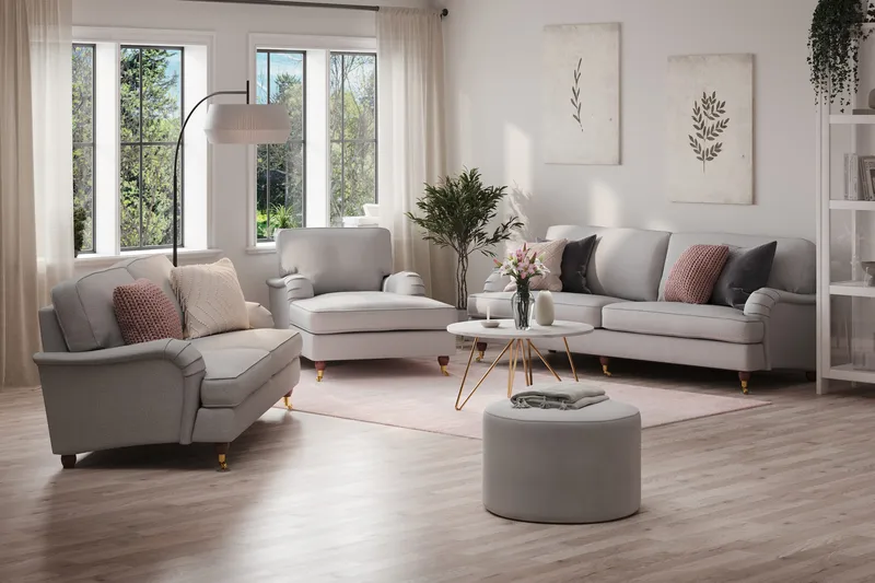 Howard Lyx Sohvaryhmä 4-istuttava + 3-istuttava Sohva + Divaanituoli Kankaalla - Vaaleanharmaa - Huonekalut - Sohva - Sohvaryhmä - Howard-sohvaryhmä