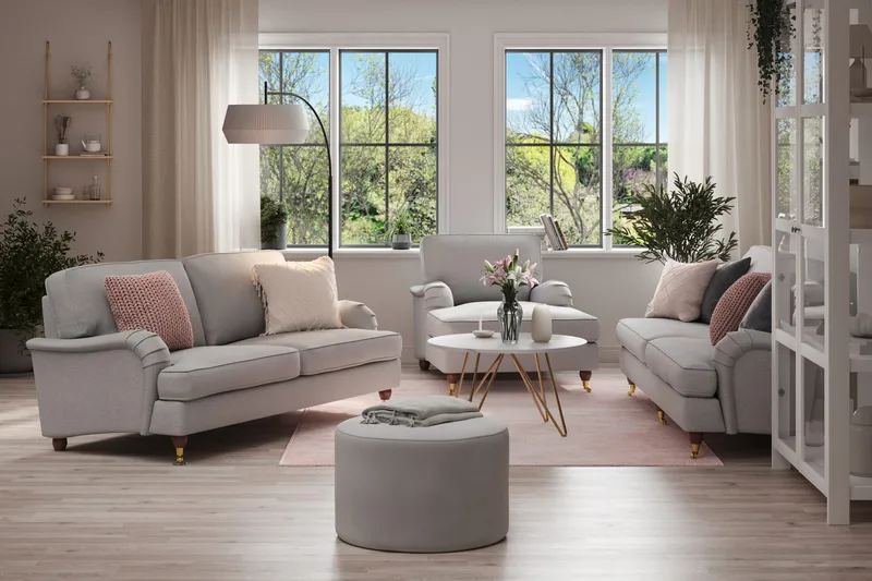 Howard Lyx Sohvaryhmä 4-istuttava + 3-istuttava Sohva + Divaanituoli Kankaalla - Vaaleanharmaa - Huonekalut - Sohva - Sohvaryhmä - Howard-sohvaryhmä