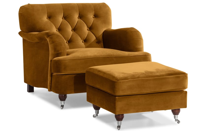 Howard Riviera Sohvaryhmä Kaareva 3-istuttava + 2-istuttava Sohva + Nojatuoli + Rahi Sametilla - Tummankeltainen - Huonekalut - Sohva - Sohvaryhmä - Howard-sohvaryhmä