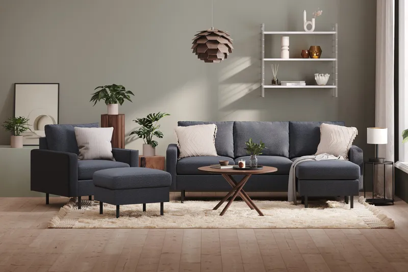 Peppe Sohvaryhmä 3-istuttava Käännettävä L-muotoinen Divaanisohva + Nojatuoli + Rahi Kankaalla - Tummanharmaa - Huonekalut - Sohva - Sohvaryhmä