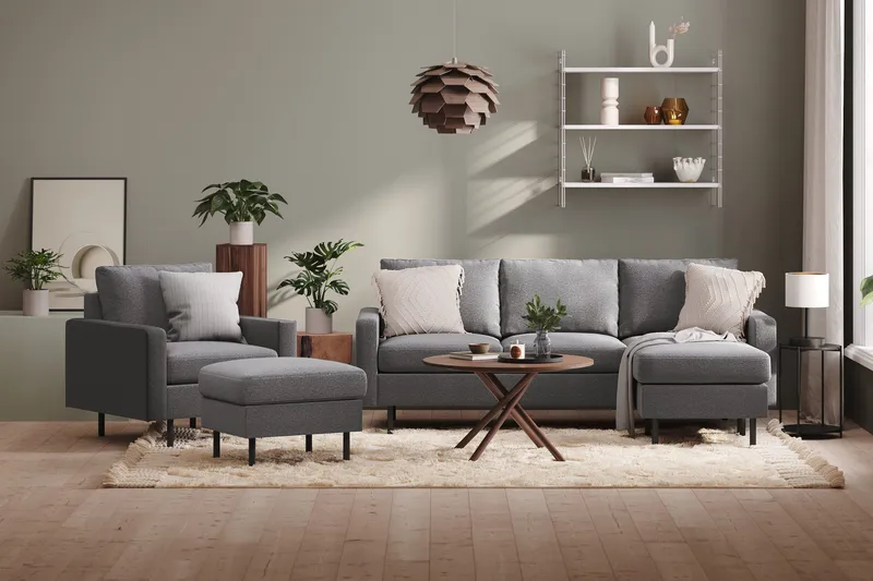 Peppe Sohvaryhmä 3-istuttava Käännettävä L-muotoinen Divaanisohva + Nojatuoli + Rahi Kankaalla - Vaaleanharmaa - Huonekalut - Sohva - Sohvaryhmä