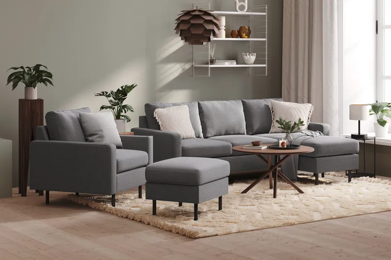 Peppe Sohvaryhmä 3-istuttava Käännettävä L-muotoinen Divaanisohva + Nojatuoli + Rahi Kankaalla - Vaaleanharmaa - Huonekalut - Sohva - Sohvaryhmä