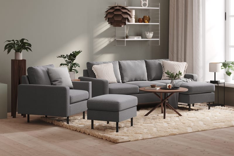 Peppe Sohvaryhmä 3-istuttava Käännettävä L-muotoinen Divaanisohva + Nojatuoli + Rahi Kankaalla - Vaaleanharmaa - Huonekalut - Sohva - Sohvaryhmä