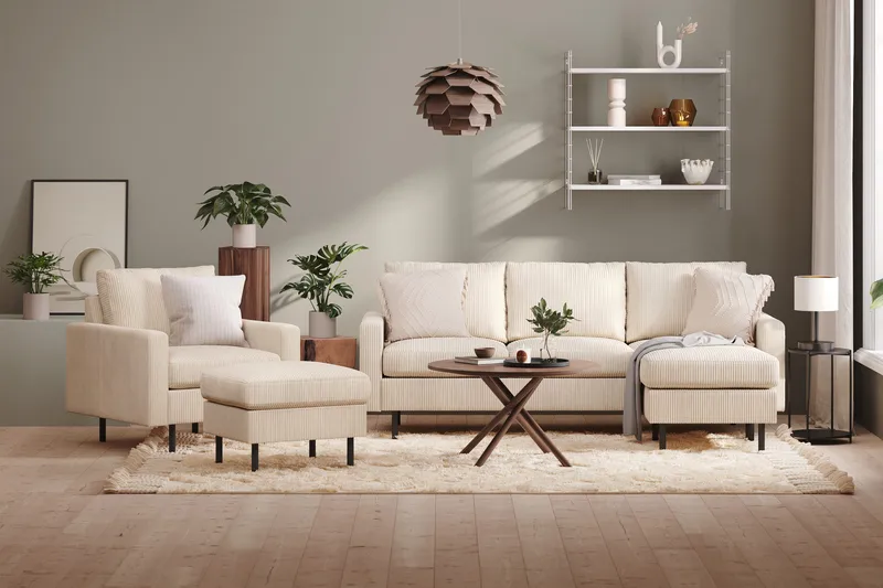 Peppe Sohvaryhmä 3-istuttava Käännettävä L-muotoinen Divaanisohva + Nojatuoli + Rahi Manchester-kankaalla - Beige - Huonekalut - Sohva - Sohvaryhmä