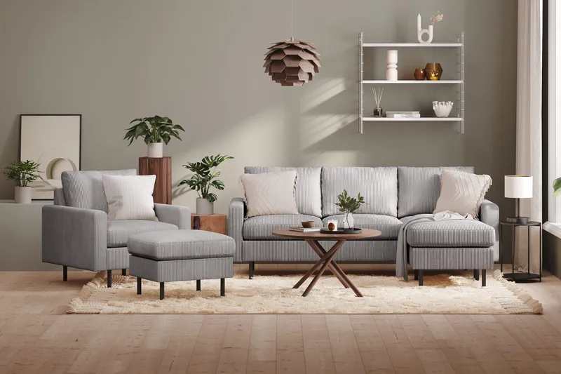 Peppe Sohvaryhmä 3-istuttava Käännettävä L-muotoinen Divaanisohva + Nojatuoli + Rahi Manchester-kankaalla - Tummanharmaa - Huonekalut - Sohva - Sohvaryhmä