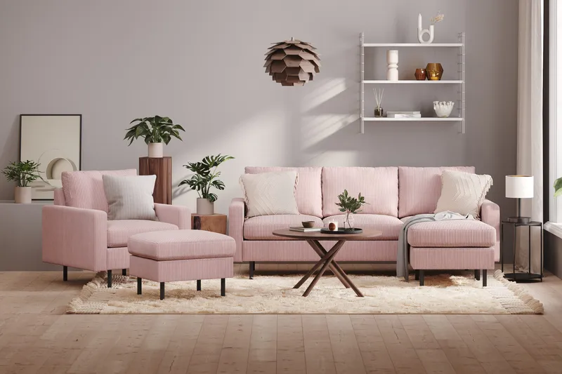 Peppe Sohvaryhmä 3-istuttava Käännettävä L-muotoinen Divaanisohva + Nojatuoli + Rahi Manchester-kankaalla - Vaaleanpunainen - Huonekalut - Sohva - Sohvaryhmä