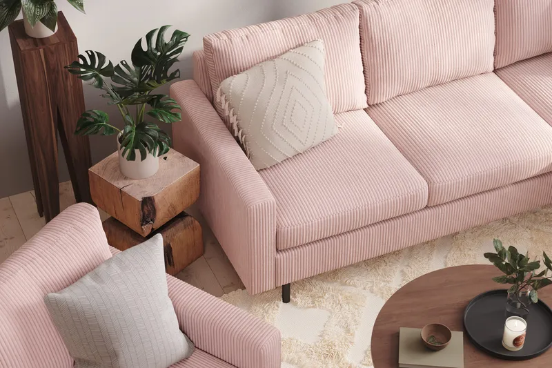 Peppe Sohvaryhmä 3-istuttava Käännettävä L-muotoinen Divaanisohva + Nojatuoli + Rahi Manchester-kankaalla - Vaaleanpunainen - Huonekalut - Sohva - Sohvaryhmä