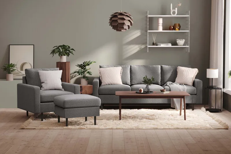 Peppe Sohvaryhmä 3-istuttava Sohva + Nojatuoli + Rahi Kankaalla - Vaaleanharmaa - Huonekalut - Sohva - Sohvaryhmä