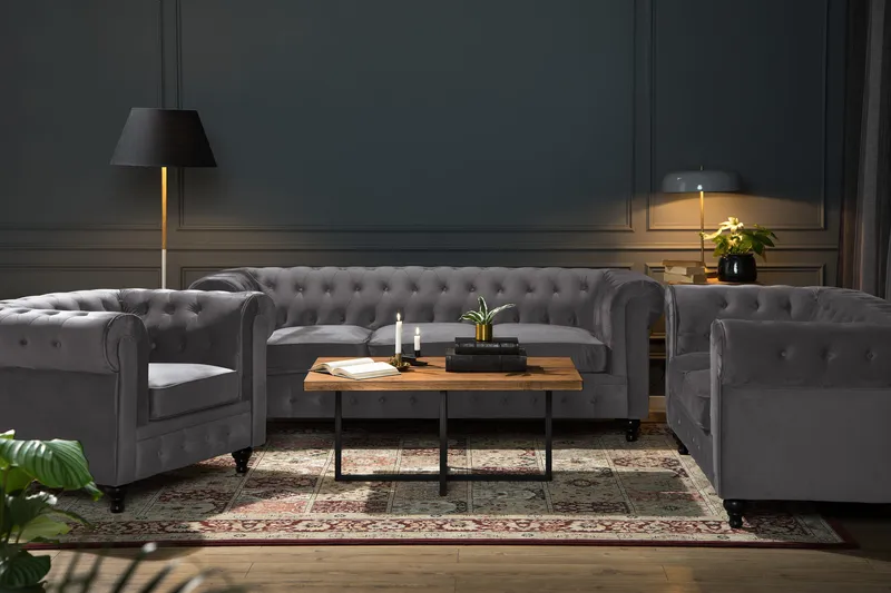 Chesterfield Lyx Sohvaryhmä 3+2+1 sametista - Harmaa - Huonekalut - Sohva - Sohvaryhmä - Sohvaryhmä 3 2 1