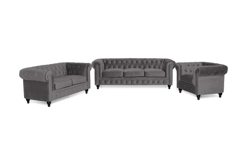 Chesterfield Lyx Sohvaryhmä 3+2+1 sametista, Harmaa