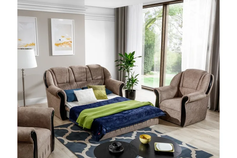 Sohvaryhmä Amillano Vuodesohva + 2 nojatuolia - Nahka/vaaleanruskea - Huonekalut - Sohva - Sohvaryhmä