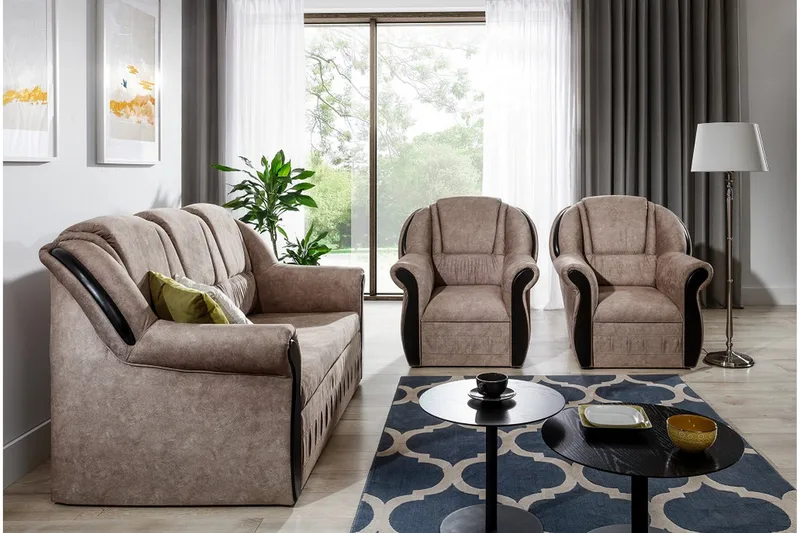 Sohvaryhmä Amillano Vuodesohva + 2 nojatuolia - Nahka/vaaleanruskea - Huonekalut - Sohva - Sohvaryhmä