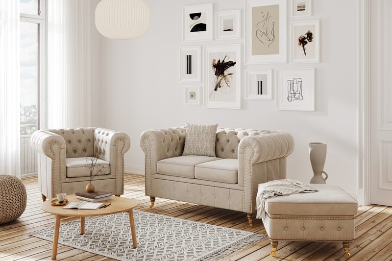 Sohvaryhmä Chester Deluxe 3:n + 2:n ist + tuoli + rahi Samet - Beige - Huonekalut - Sohva - Sohvaryhmä
