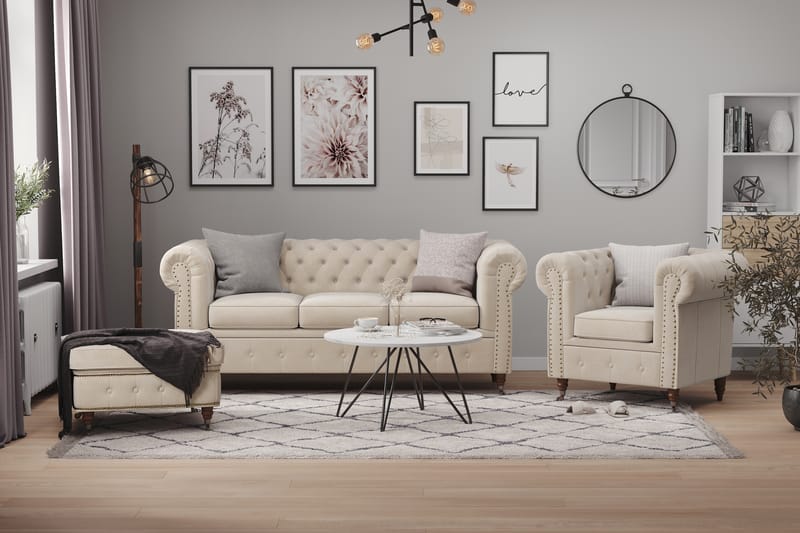 Sohvaryhmä Chester Deluxe 3:n + 2:n ist + tuoli + rahi Samet - Beige - Huonekalut - Sohva - Sohvaryhmä