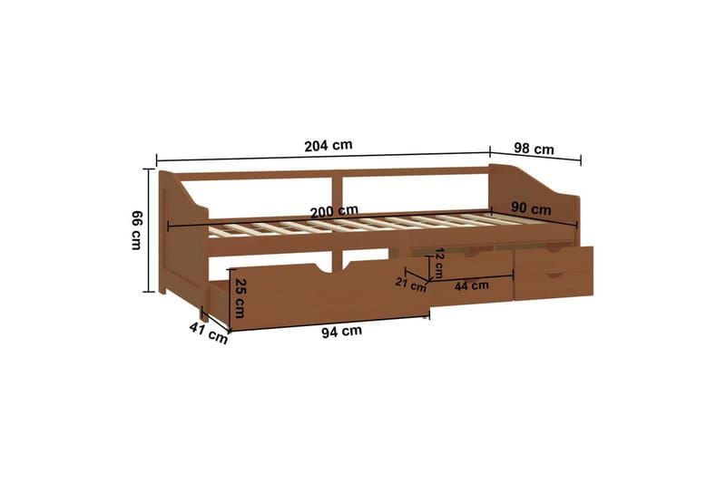 Päivävuode 3-istuttava laatikoilla hunajanrusk. mänty 90x200 - Ruskea - Sohvasängyt