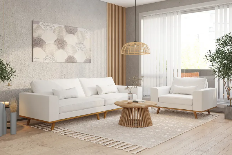 Tavallinen sohva ilman divaania ja šezlongia Scandinavian Choice Copenhagen 4-istuttava sohva Ace 1, valkoinen kangas Tammi - Huonekalut - Sohva - 4:n istuttava sohva