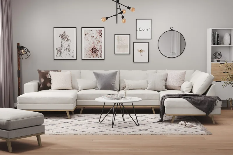 Copenhagen 5-istuttava Oikeakätinen U-muotoinen Sohva Divaanilla ja Divaanituolilla Kankaalla - Vaaleanharmaa - Huonekalut - Sohva - U-Sohva