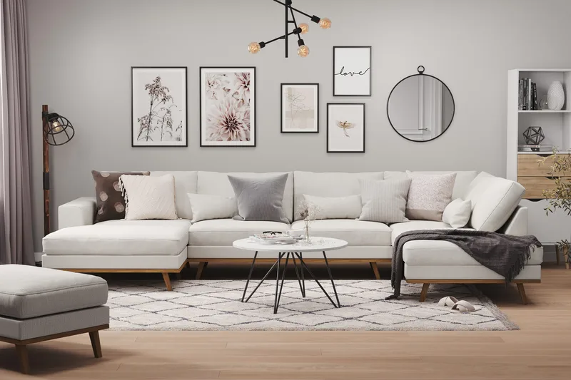 Copenhagen 5-istuttava Oikeakätinen U-muotoinen Sohva Divaanilla ja Divaanituolilla Kankaalla - Vaaleanharmaa - Huonekalut - Sohva - U-Sohva