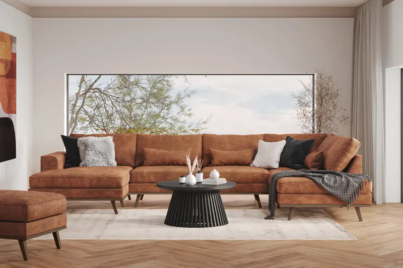 Copenhagen 5-istuttava Oikeakätinen U-muotoinen Sohva Divaanilla ja Divaanituolilla Keinonahkalla - Ruskea - Huonekalut - Sohva - U-Sohva